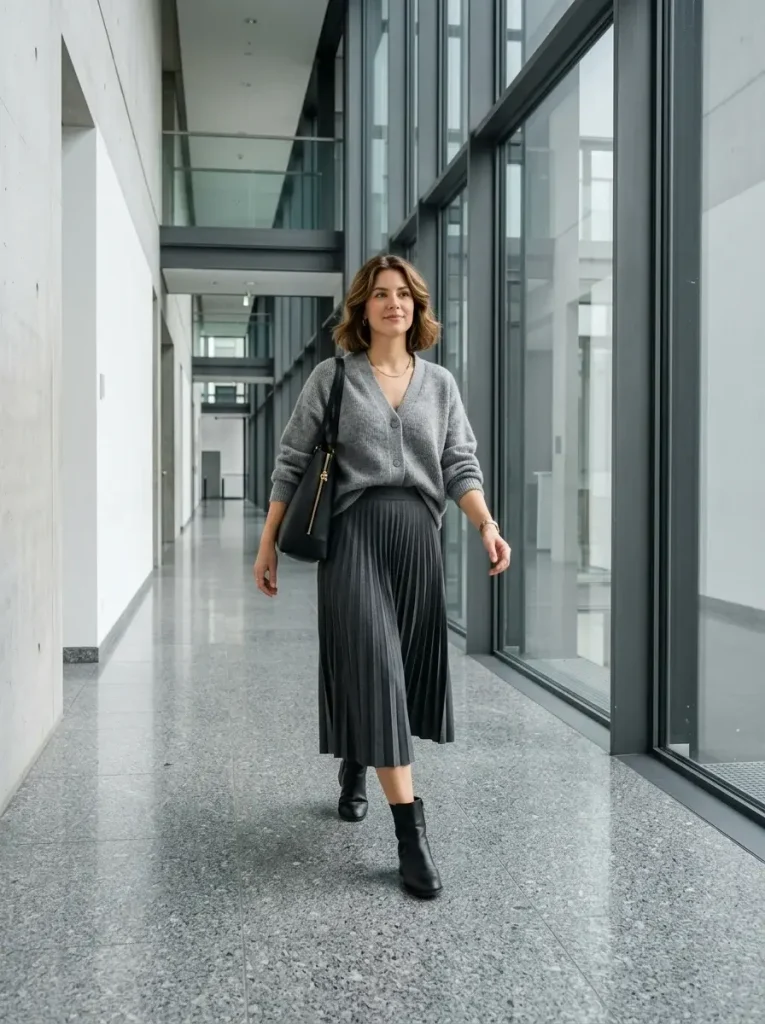 15 Fall Outfits for Women That Create Effortless Autumn Style Everyone Loves 7 Knit Cardigan With a Midi Skirt