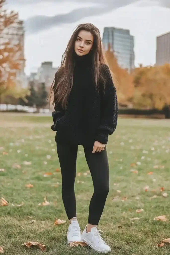 15 Casual Fall Outfits That Make Everyday Dressing Feel Effortless 7 Knit Sweater With Black Leggings