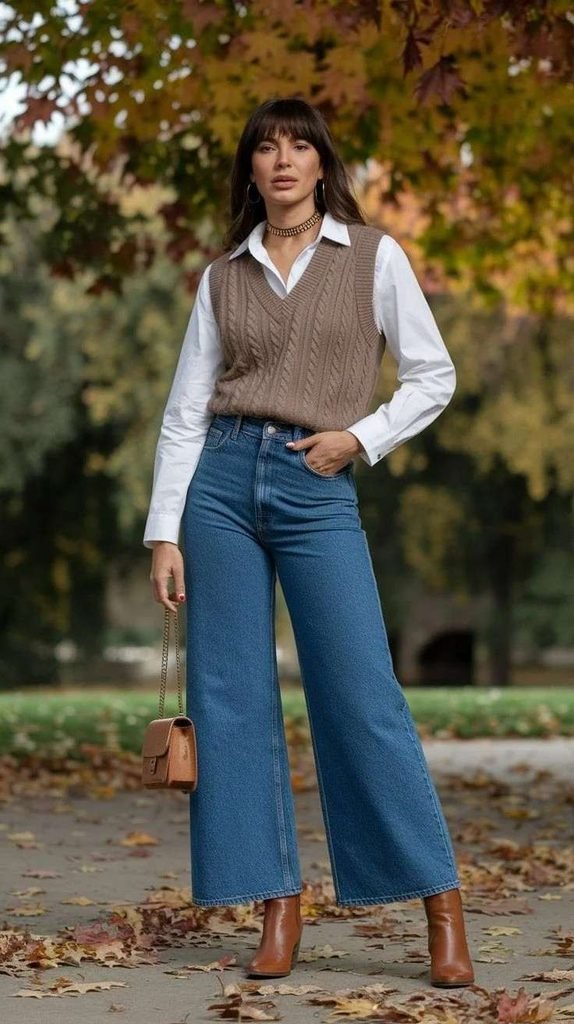 Getting Dressed Just Got Easier: 14 Simple Fall Outfits That Always Look Good 8 Knit Vest Over a Button Down Shirt
