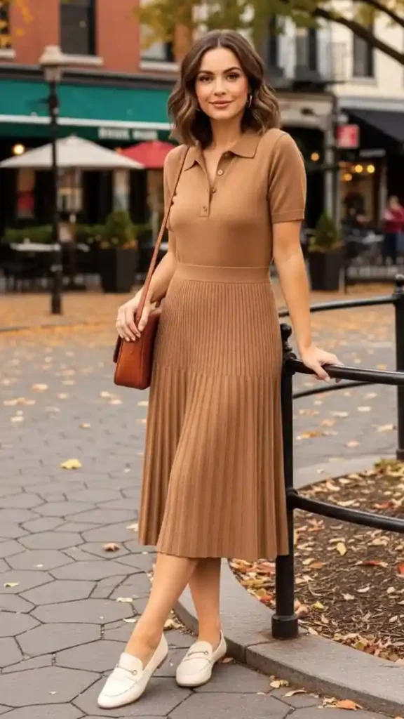 Dress Season Isn’t Over: 15 Fall Outfits Dress Lovers Will Adore 10 Knitted Polo Dress With Loafers