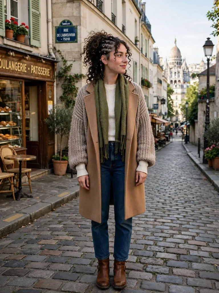 Layered knits — a fitted base a looser cardigan topped with a scarf and coat 768x1024 1