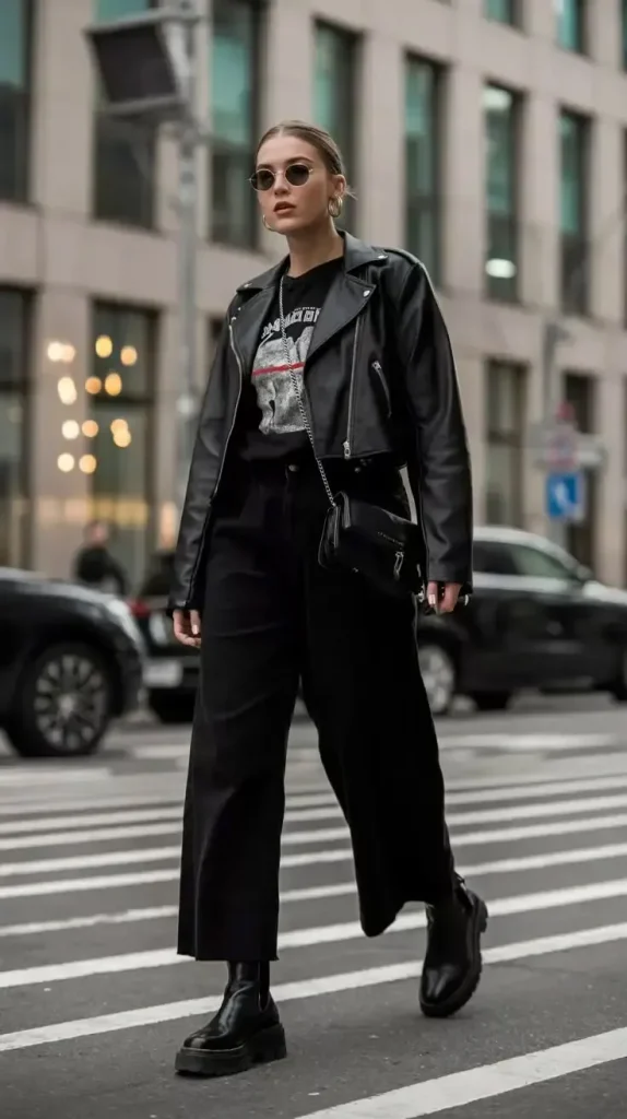 17 Fall Outfits with Boots That Make Getting Dressed Feel So Much Easier 8 Leather Jacket Black Jeans and Combat Boots