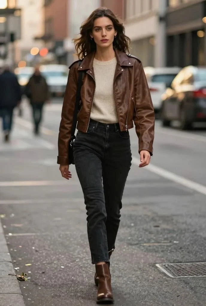 16 Fall Winter Outfits That Make Cold-Weather Dressing Feel Effortless 5 Leather Jacket With Cozy Layers