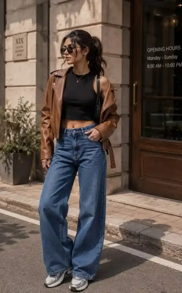 Cozy, Chic, and Easy: 17 Fall Fashion Outfits Ideas You’ll Want to Recreate 6 Leather Jacket With Wide Leg Jeans