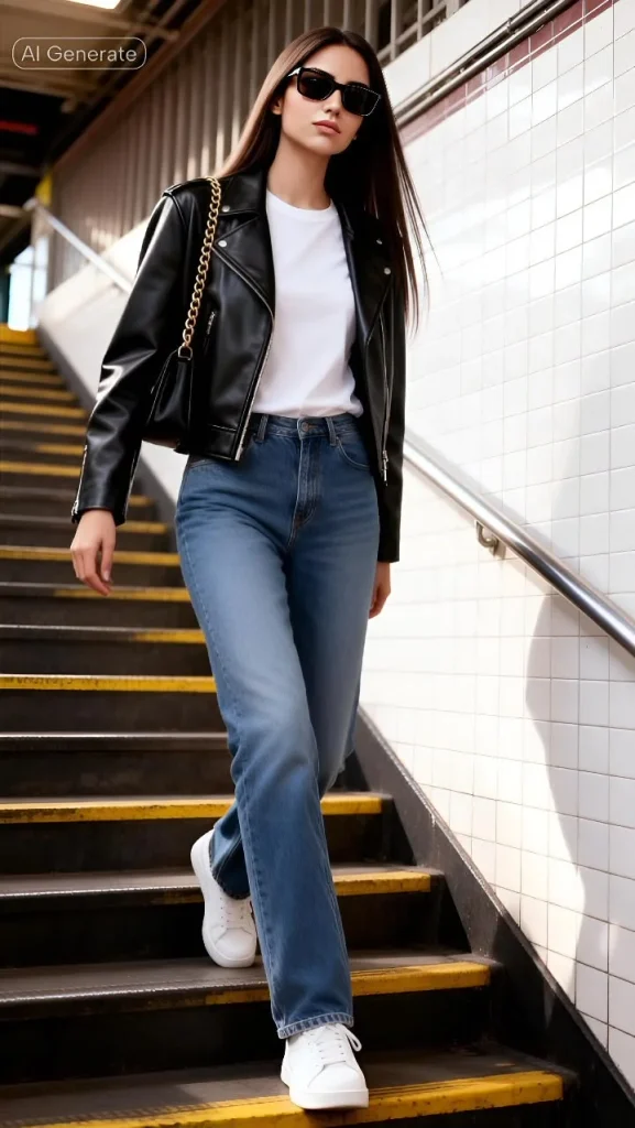 Getting Dressed Just Got Easier: 14 Simple Fall Outfits That Always Look Good 7 Leather Jacket With a Basic Top and Jeans