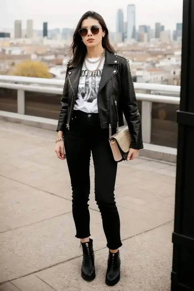 Leggings, But Make It Fall: 14 Fall Outfits Leggings Lovers Will Live In 11 Leather Jacket With a Graphic Tee