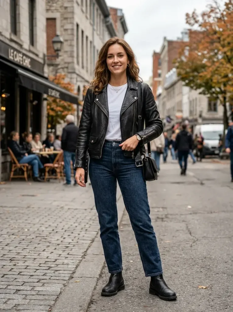 15 Casual Fall Outfits That Look Effortlessly Stylish for Everyday Days 9 Leather Jacket With a Simple Fall Outfit