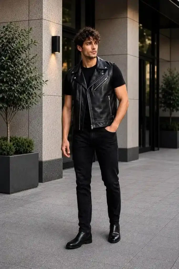 Cooler Weather, Sharper Fits: 13 Men Streetwear Fall Outfits 13 Leather Moto Vest With All Black Separates