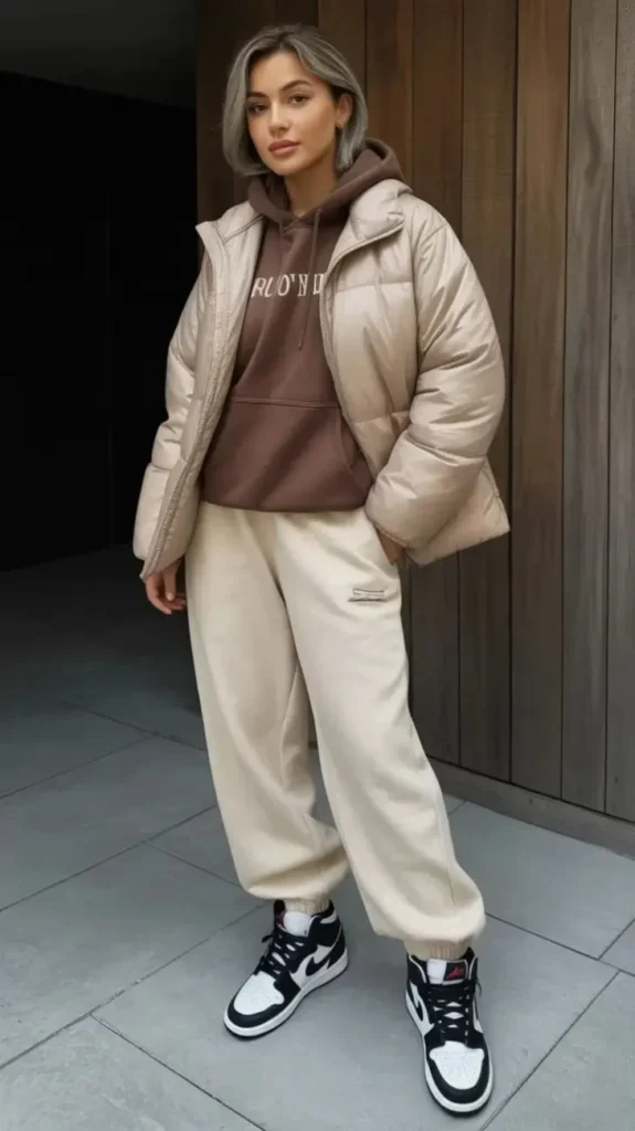 One Jacket, So Many Moods: 15 Leather Jacket Fall Outfits 13 Leather Puffer Jacket With Track Pants