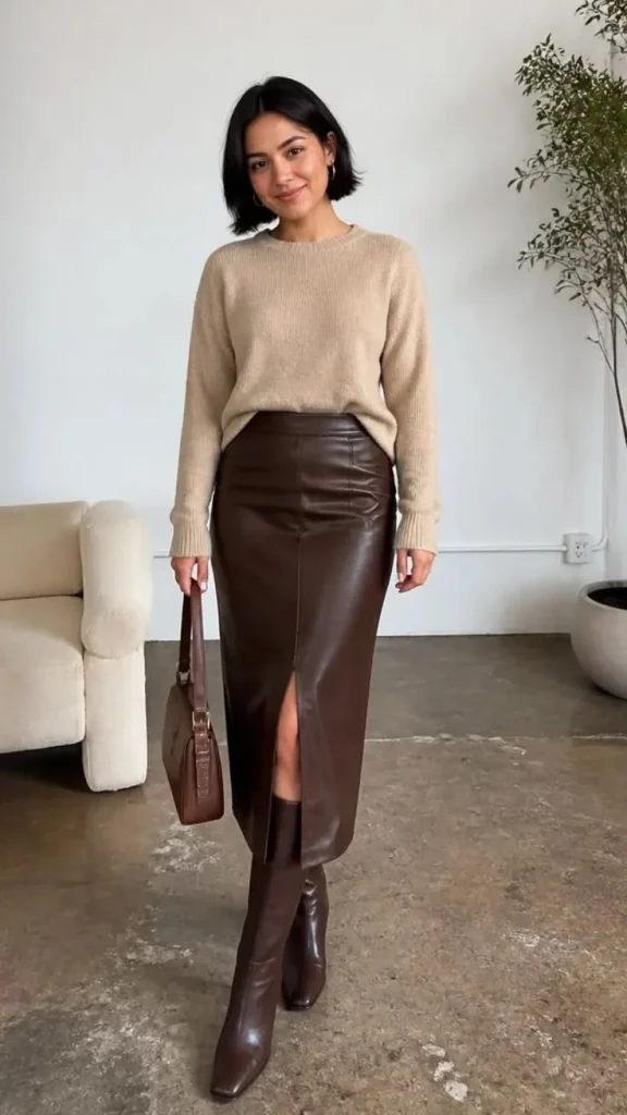 15 Fall Outfits Skirt Lovers Can Wear for an Effortlessly Chic Season 5 Leather Skirt With a Soft Neutral Sweater