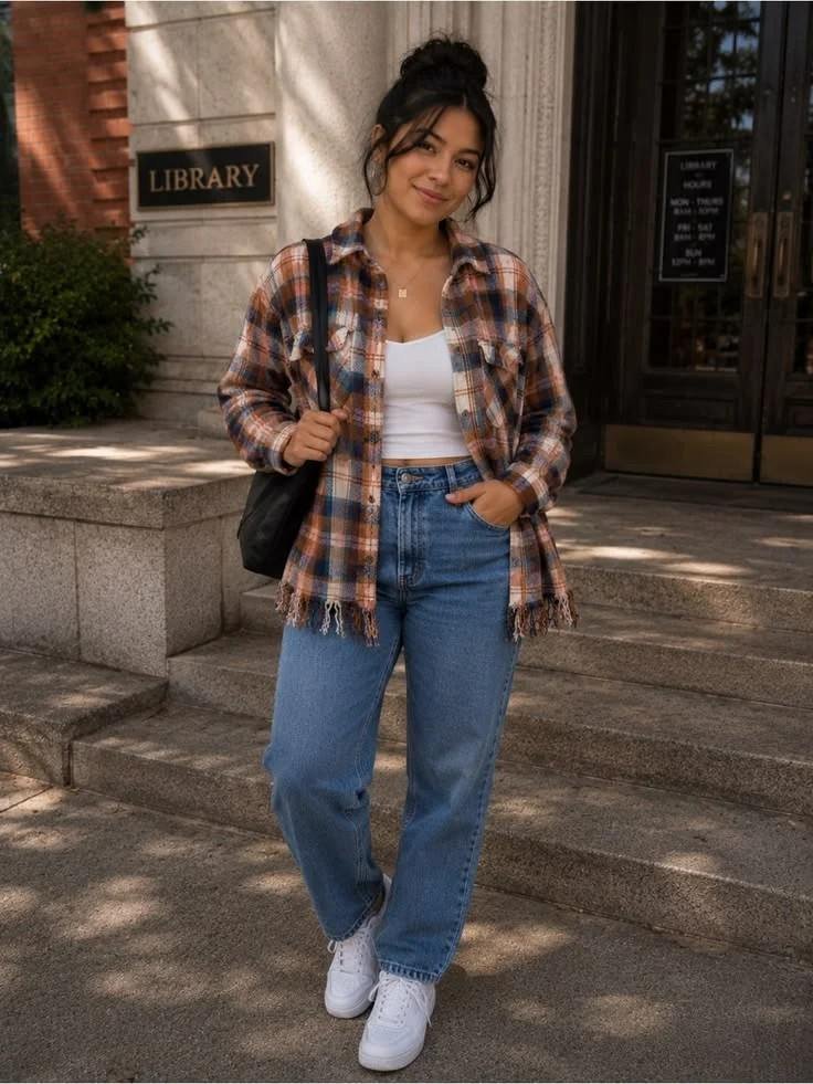 14 Fall Outfits Jeans Lovers Will Want to Wear on Repeat 6 Light Wash Jeans With a Plaid Shacket