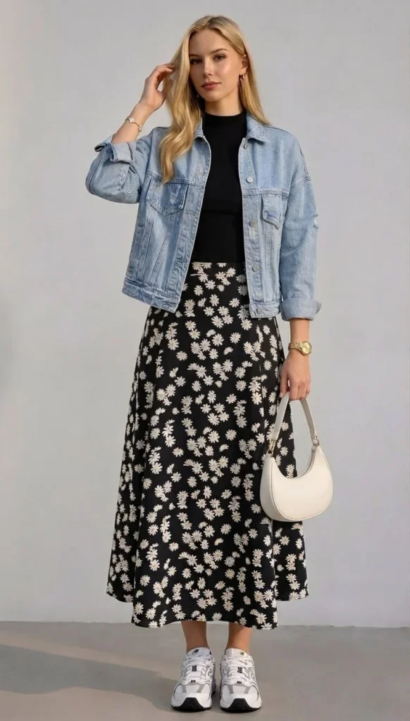 15 Fall Outfits Skirt Lovers Can Wear for an Effortlessly Chic Season 6 Long Floral Skirt With a Denim Jacket
