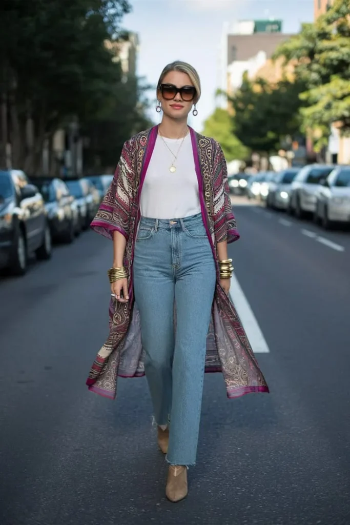 The Cozy-Girl Guide to 17 Boho Fall Outfits That Feel Effortlessly Stylish 6 Long Kimono With Jeans and Boots