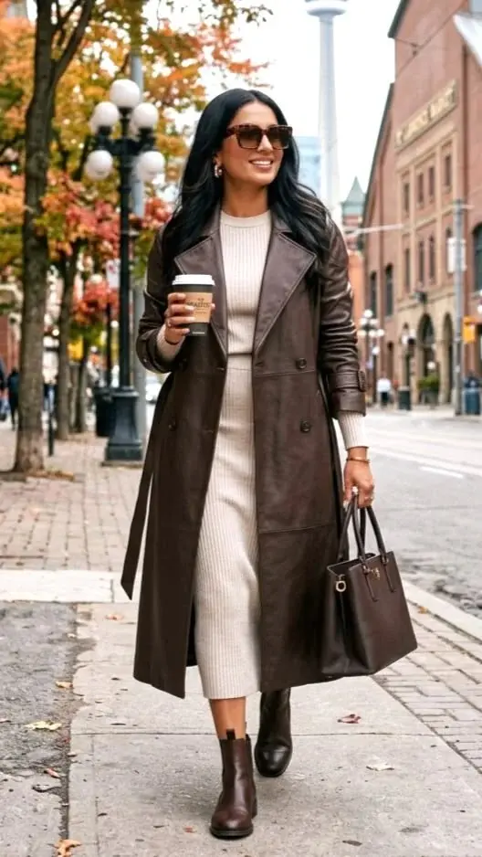 One Jacket, So Many Moods: 15 Leather Jacket Fall Outfits 15 Long Leather Coat With a Mini Knit Set