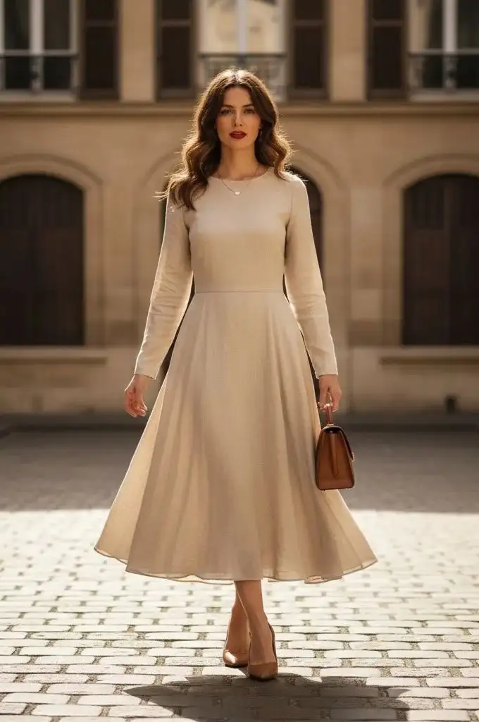 Dress Season Isn’t Over: 15 Fall Outfits Dress Lovers Will Adore 13 Long Sleeve Tea Dress With Ballet Flats