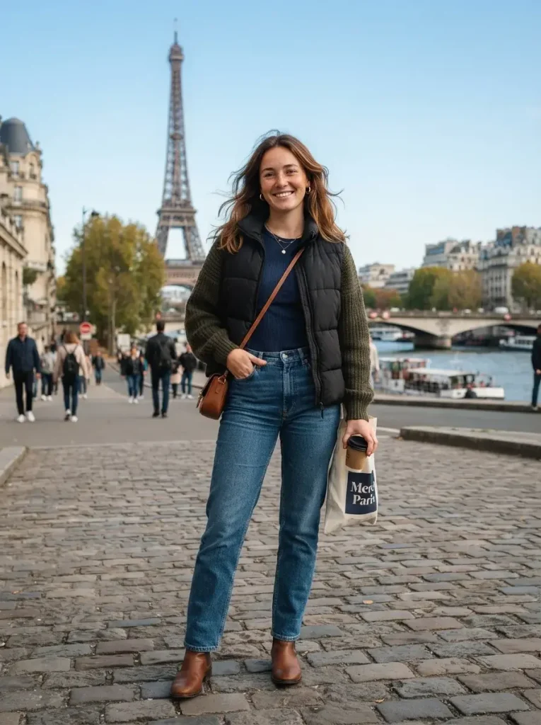 15 College Fall Outfits, Built From 5 Formulas You'll Actually Reuse 6 Long Sleeve Tee Cardigan Puffer Vest