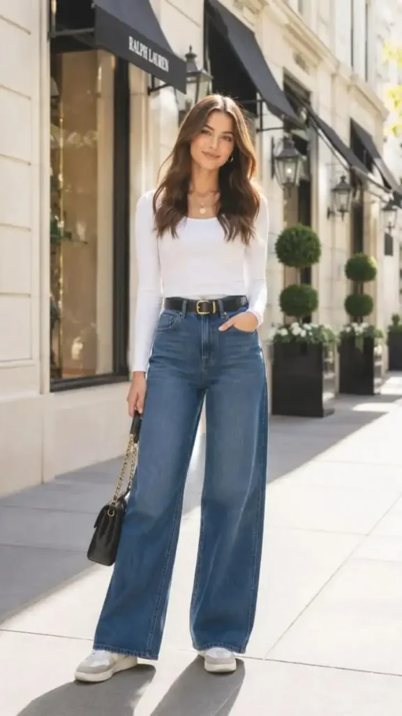 15 Casual Fall Outfits That Make Everyday Dressing Feel Effortless 8 Long Sleeve Top With Wide Leg Jeans