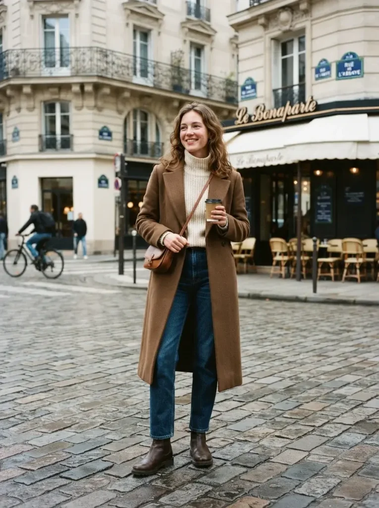 14 Midsize Fall Outfits That Actually Fit Real Life 10 Long wool coat chunky knit straight jeans boots