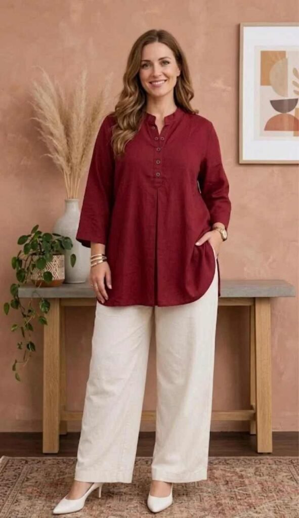Covered, Comfortable, and So Stylish: 16 Modest Fall Outfits 2 Mandarin Collar Tunic With Wide Trousers