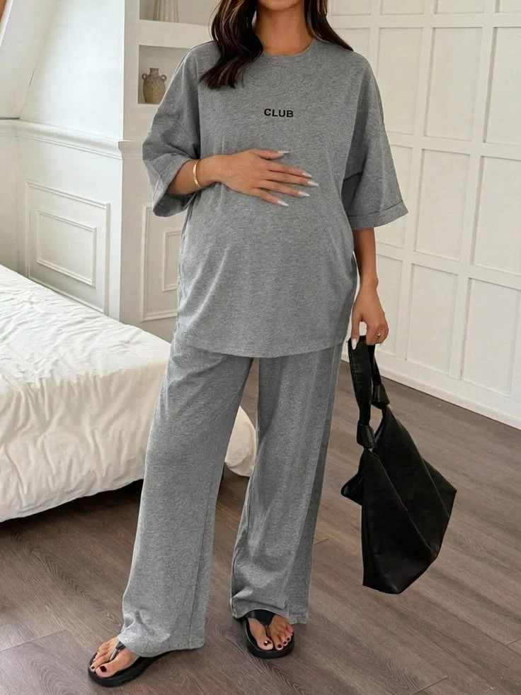 Cozy Looks That Make Room for You: 14 Pregnant Fall Outfits 14 Matching Maternity Lounge Set With Clean Sneakers