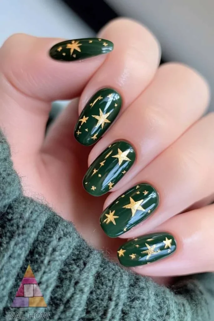 Holiday Glam Made Easy: 15 Christmas Nail Designs for Every Festive Mood 12 Matte Green Nails With Gold Stars