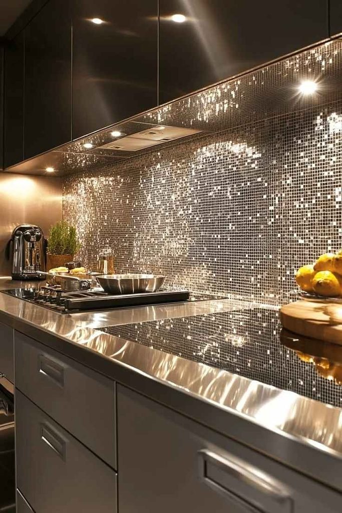 17 Kitchen Backsplash Ideas That Are So Chic, You’ll Suddenly Want to Cook Every Night 11 Metallic Tile Shine