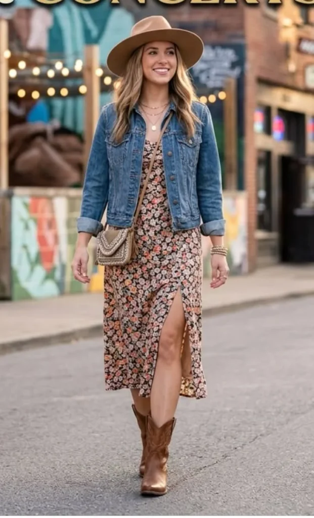 17 Fall Outfits with Boots That Make Getting Dressed Feel So Much Easier 4 Midi Dress and Western Boots