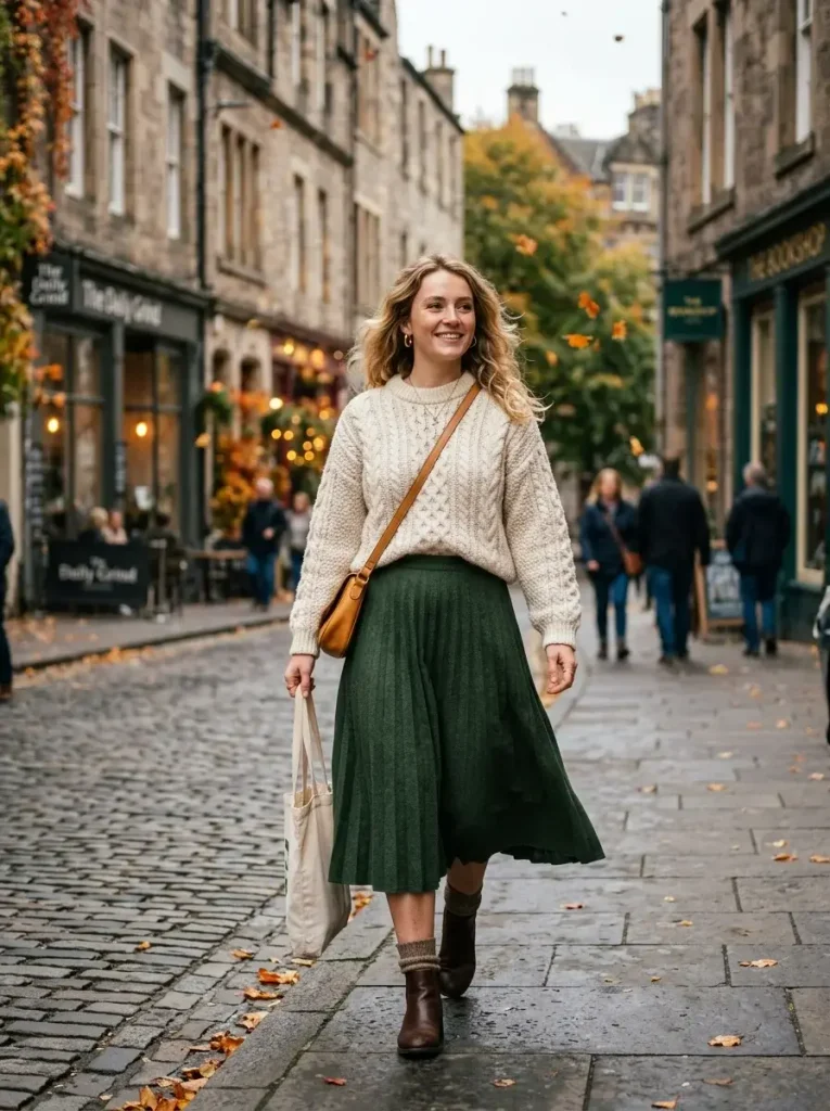 Midi Skirt With a Chunky Knit Sweater