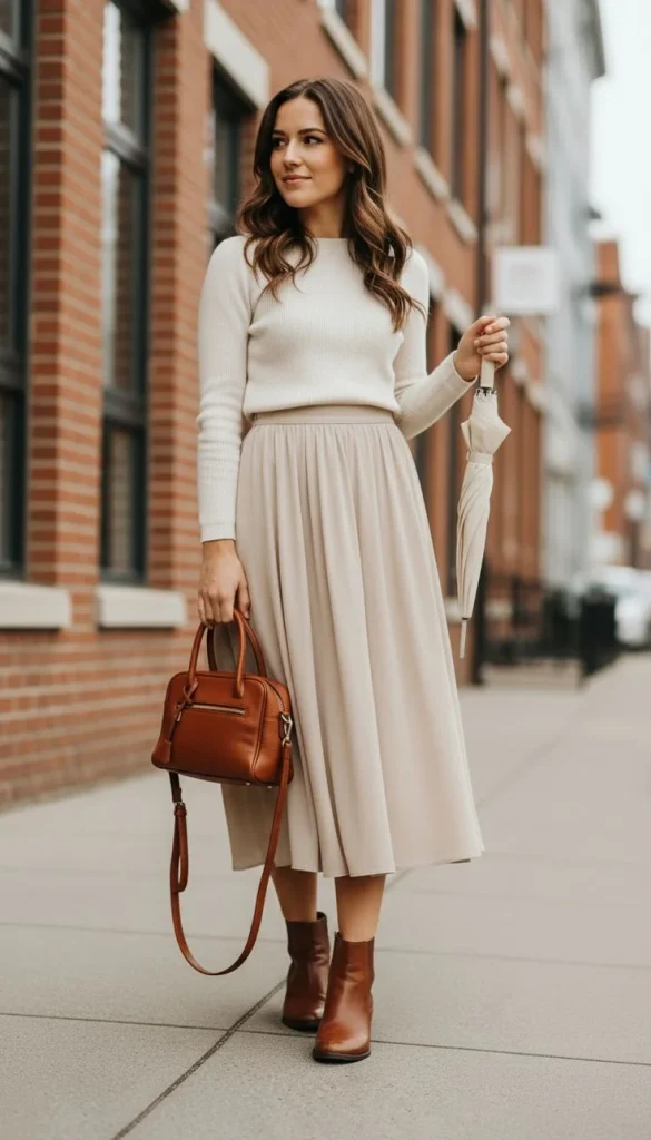 Fall Office Style Made Easy: 15 Fall Business Casual Outfits That Look Effortlessly Polished 4 Midi Skirt With a Fitted Sweater