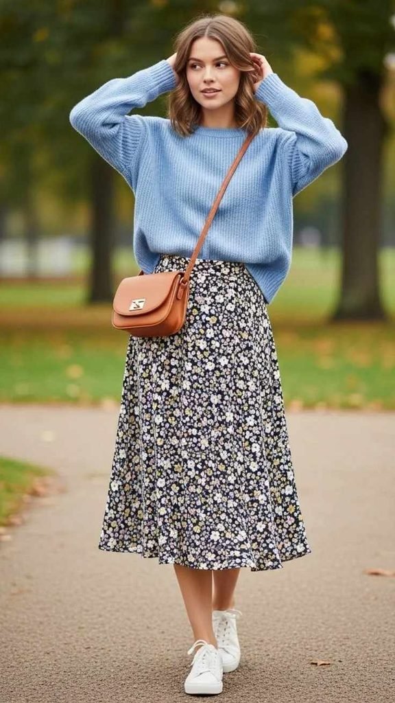 16 Fall Work Outfits That Make Getting Dressed for the Office So Much Easier 3 Midi Skirt With a Lightweight Sweater