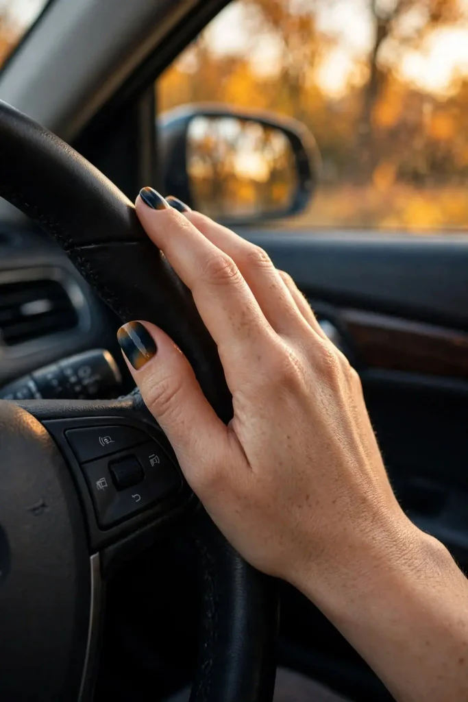 14 Fall Aura Nails That Create the Dreamiest Autumn Manicure Looks 14 Midnight Navy and Caramel
