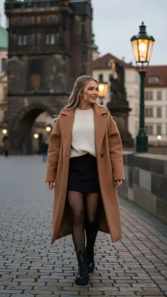 Your Fall Wardrobe Just Got Cooler: 14 Edgy Fall Outfits with Serious Attitude 10 Mini Skirt with Tights and a Long Coat