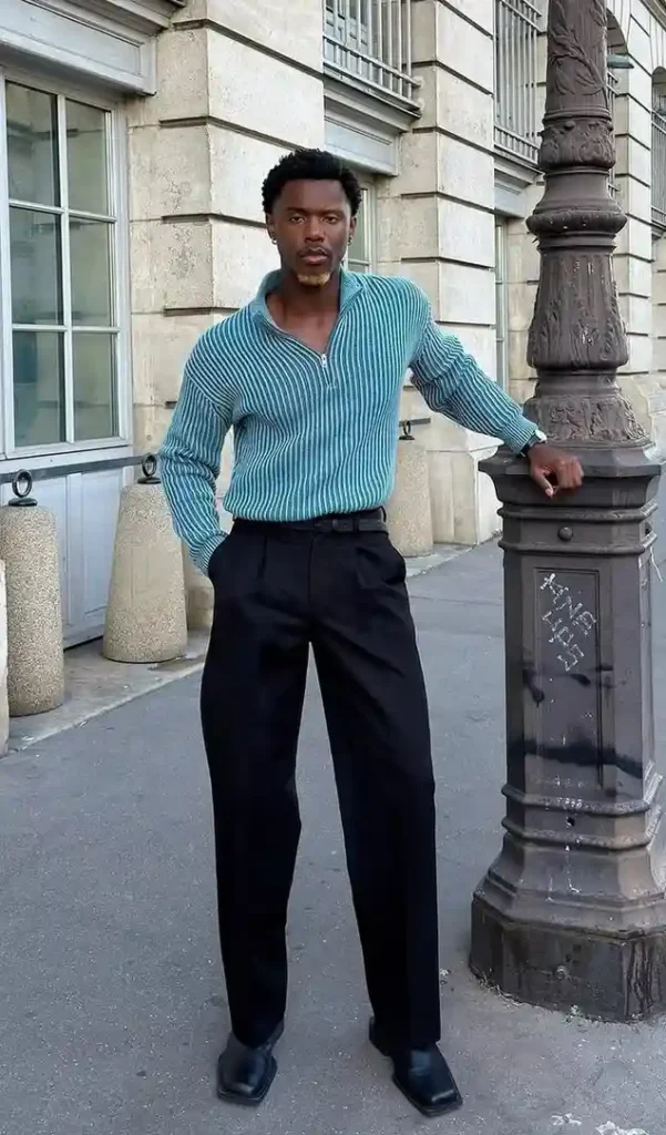 Cooler Weather, Sharper Fits: 13 Men Streetwear Fall Outfits 11 Mock Neck Top With Pinstripe Jeans