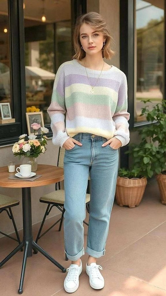 14 Fall Outfits Jeans Lovers Will Want to Wear on Repeat 3 Mom Jeans With a Striped Knit