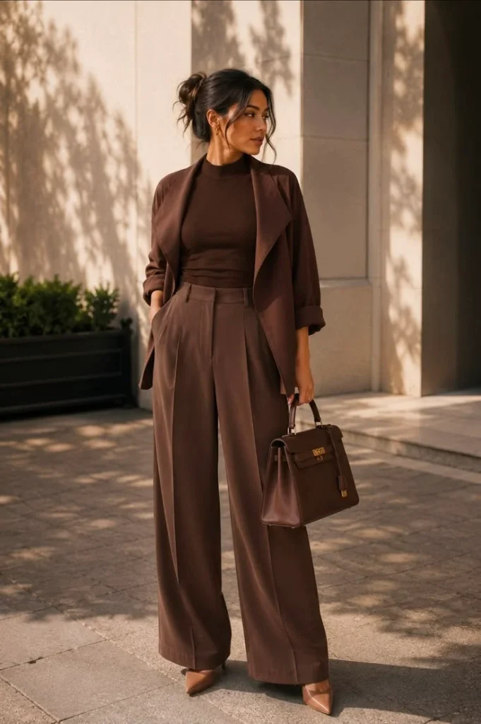 16 Fall Work Outfits That Make Getting Dressed for the Office So Much Easier 5 Monochrome Brown Work Outfit