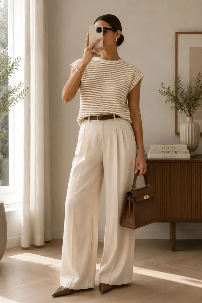 Easy Layers, Great Fits: 14 Midsize Fall Outfits That Feel So Good 7 Monochrome Knit Top and Wide Leg Pants