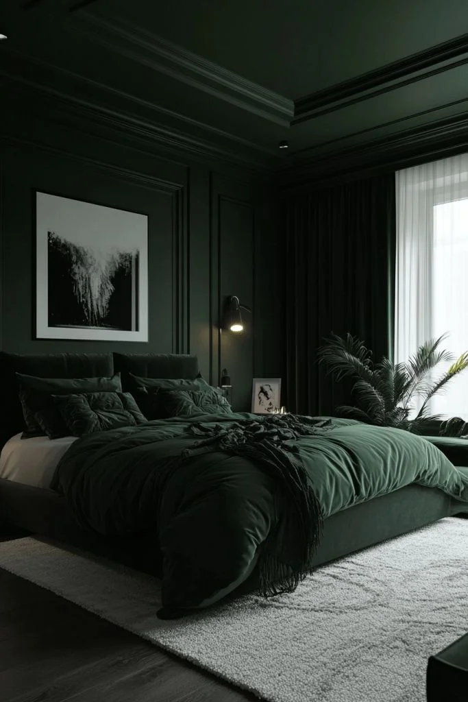 19 Green Bedroom Ideas That Are So Cozy & Chic You’ll Want to Redecorate This Weekend 9 Moody Green Bedroom With Black Accents