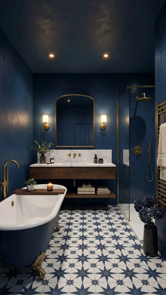 19 Blue Bathroom Ideas That Look Straight Out of a Pinterest Dream Board 6 Moody Midnight Blue Walls