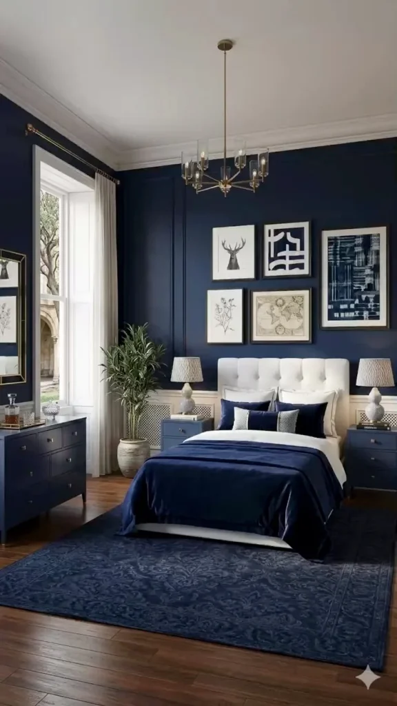 18 Blue Bedroom Ideas That Are Giving “Main Character Energy” Right Now 1 Moody Navy Walls Crisp White Bedding