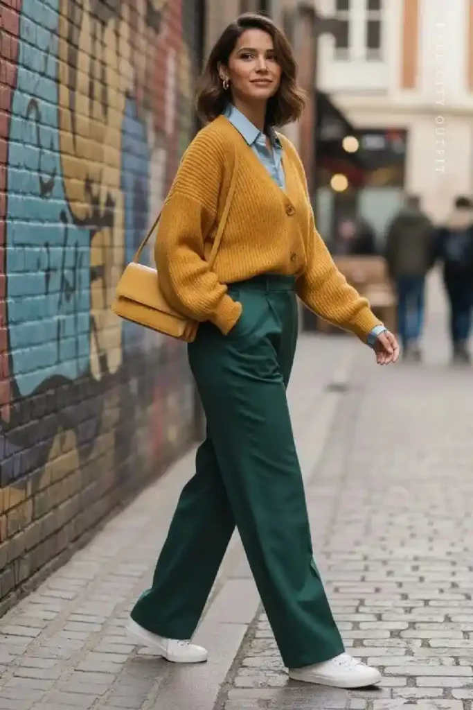 Cute, Cozy, and Photo-Ready: 13 Fall Outfits Pumpkin Patch Days Deserve 8 Mustard Pullover With Dark Green Pants