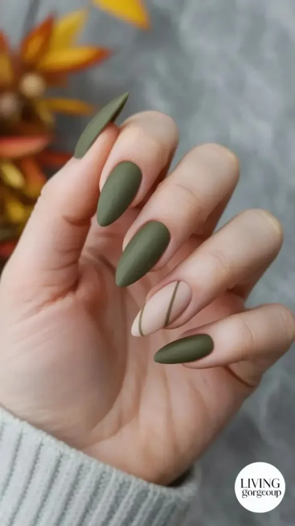 18 Fall Almond Nails That Will Make You Ditch Your Basic Manicure Forever 11 Muted Olive Green