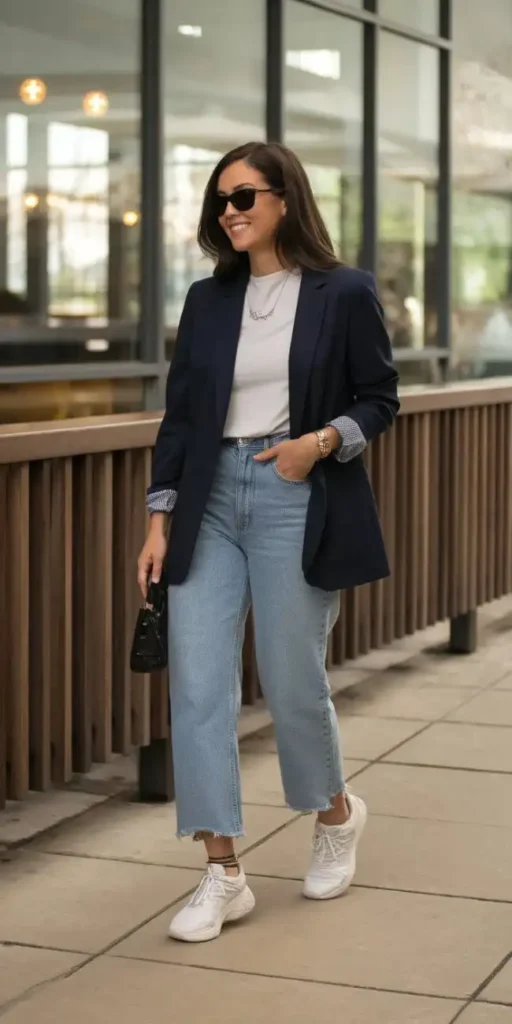 Your Fall Wardrobe Just Got Smarter With These 15 Preppy Fall Outfits 2 Navy Blazer With Straight Leg Jeans