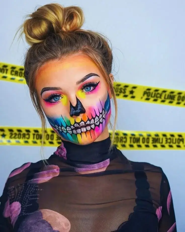 16 Halloween Makeup Looks That Turn a Simple Outfit Into a Whole Costume 4 Neon Skeleton Makeup