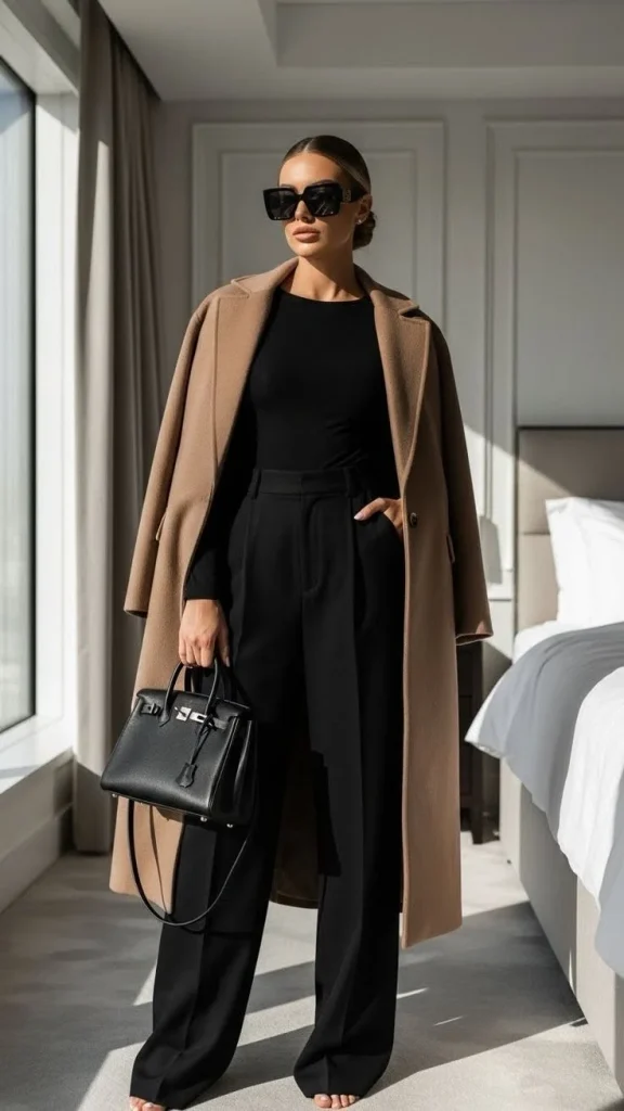 16 Fall Work Outfits That Make Getting Dressed for the Office So Much Easier 16 Neutral Coat With an All Black Outfit