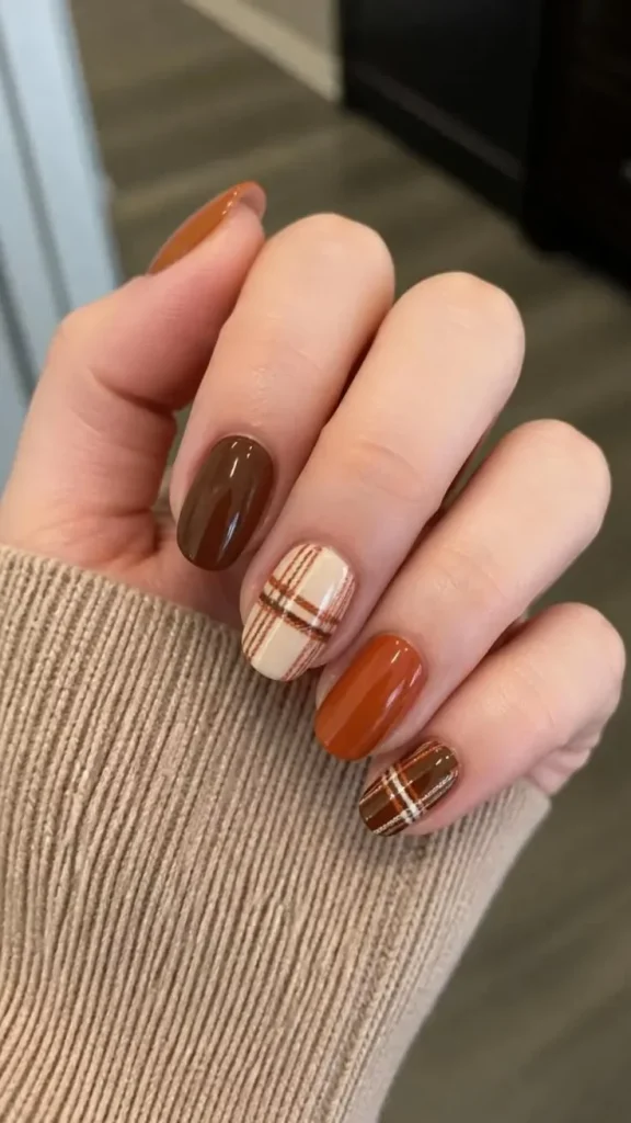 13 Fall Aesthetic Nails That Make Every Autumn Outfit Feel More Put Together 7 Neutral Plaid Accent Nails