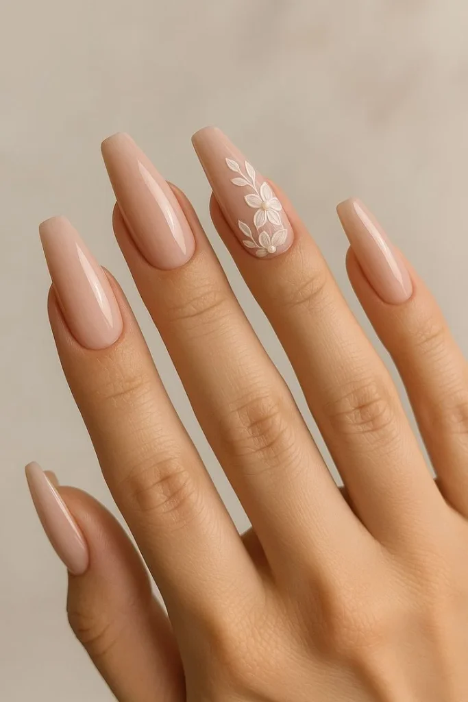 16 Fall Coffin Nails That Make Autumn Manicures Feel Extra Stylish 16 Nude Coffins With Tiny Leaves