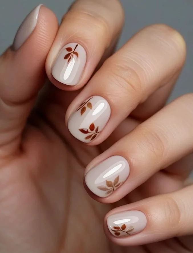 15 Fall Square Nails That Make Autumn Manicures Feel Extra Chic 14 Nude Nails With Tiny Autumn Leaves
