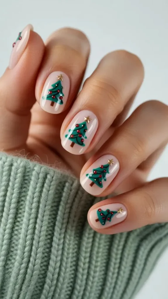 Holiday Glam Made Easy: 15 Christmas Nail Designs for Every Festive Mood 6 Nude Nails With Tiny Christmas Trees