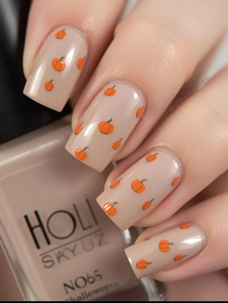 14 Fall Pumpkin Nails That Make Autumn Manicures Feel Extra Cozy 2 Nude Nails With Tiny Pumpkins