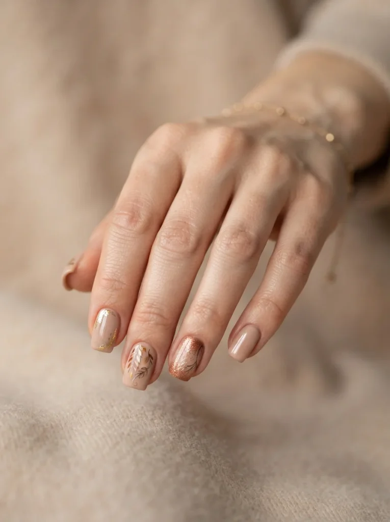 15 Fall Square Nails That Will Make Your Autumn Manicure Look Trendy and Elegant 6 Nude Square Nails With Autumn Details Fall Square Nails